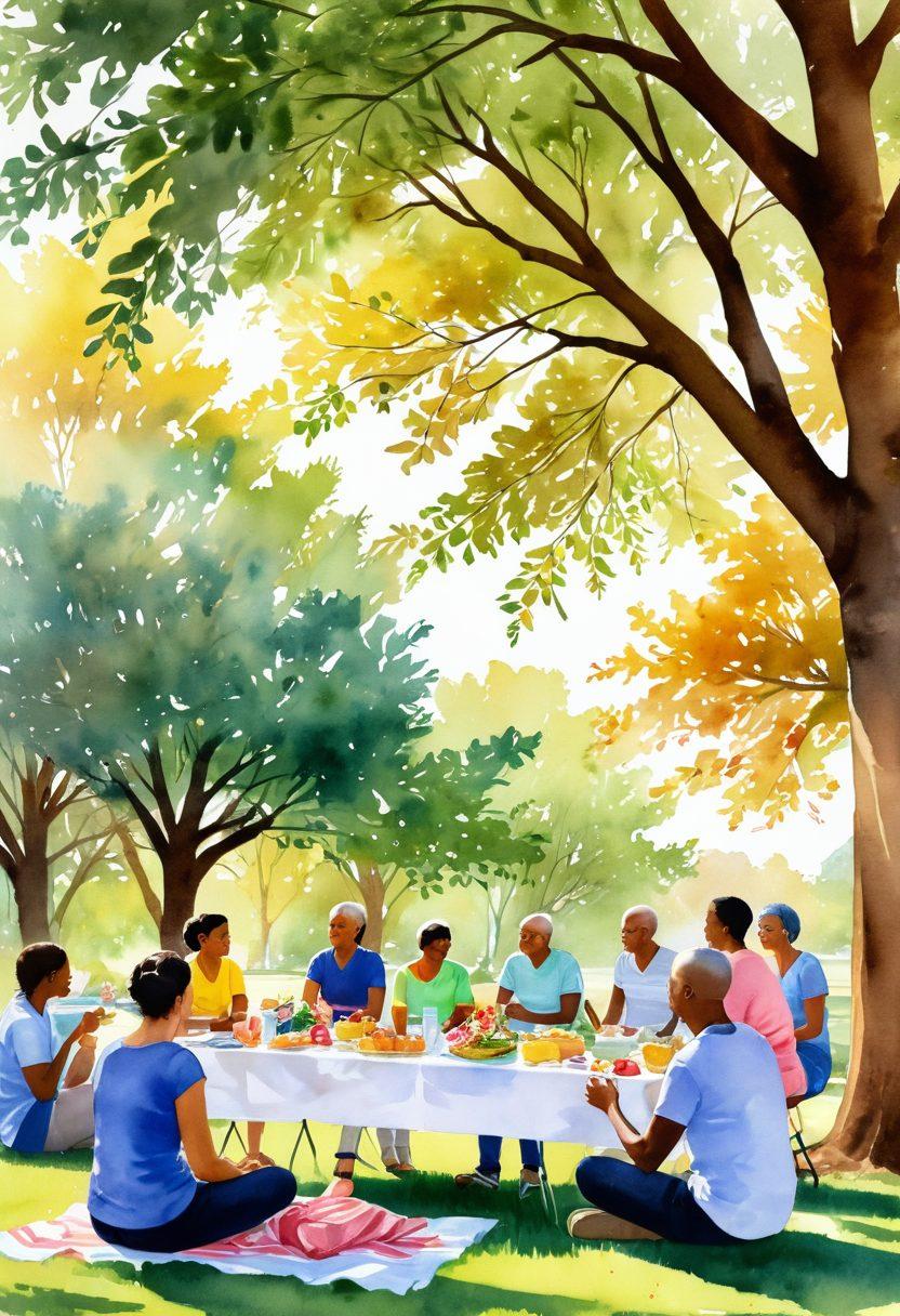 An uplifting scene depicting a diverse group of cancer survivors and their families gathering in a serene park, sharing stories and support. Include elements like colorful support ribbons, a picnic setup with healthy food, and trees symbolizing hope. Capture warm sunlight filtering through the leaves, evoking a sense of community and resilience. watercolor style. vibrant colors. natural setting.