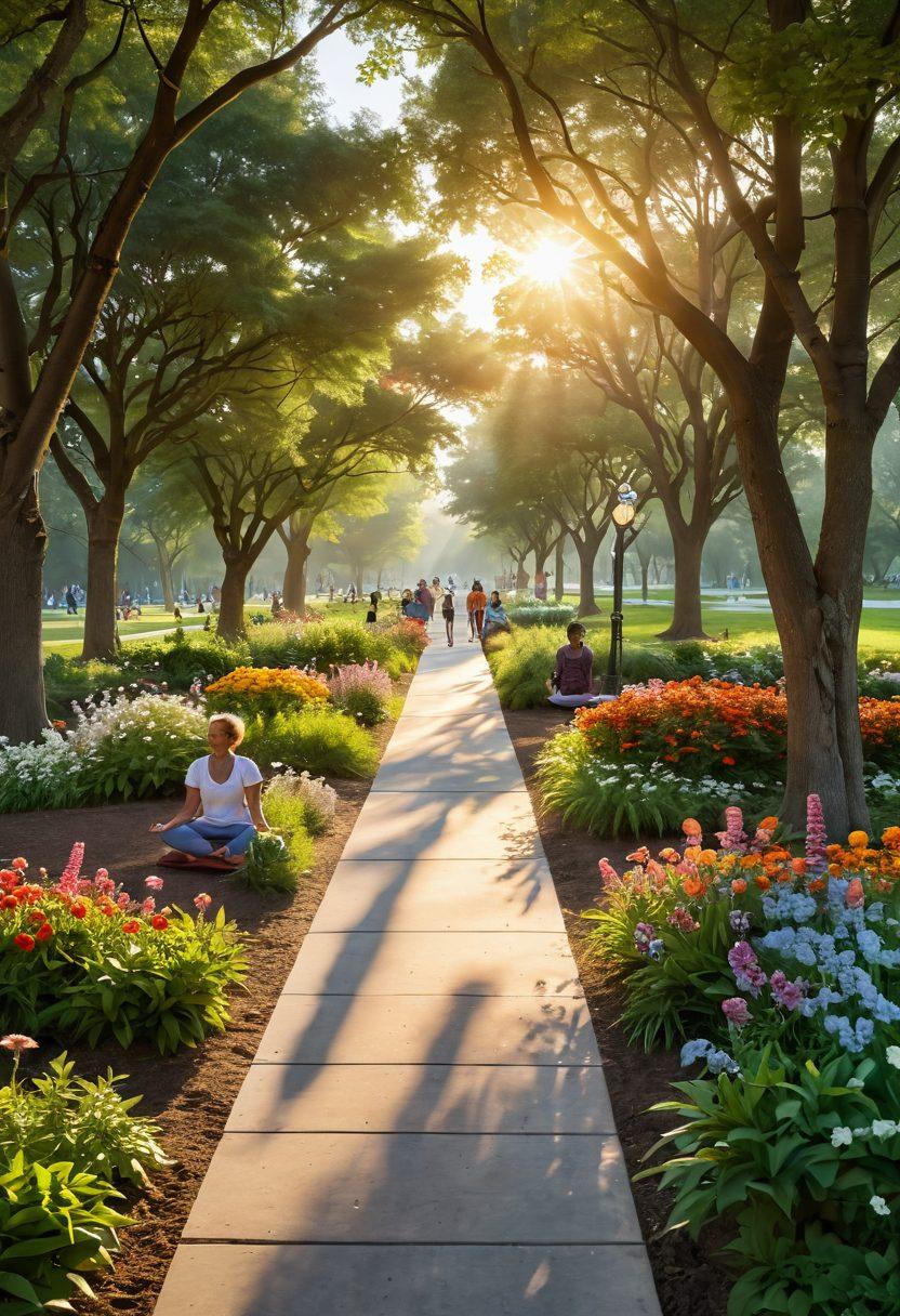 A radiant sunrise illuminating a path through a serene park, symbolizing hope and renewal. In the foreground, diverse individuals of various ages and backgrounds engage in supportive activities, such as sharing meals and practicing yoga. Bright, lush greenery and blooming flowers surround them, representing health and vitality. The atmosphere exudes positivity and empowerment. super-realistic. vibrant colors.